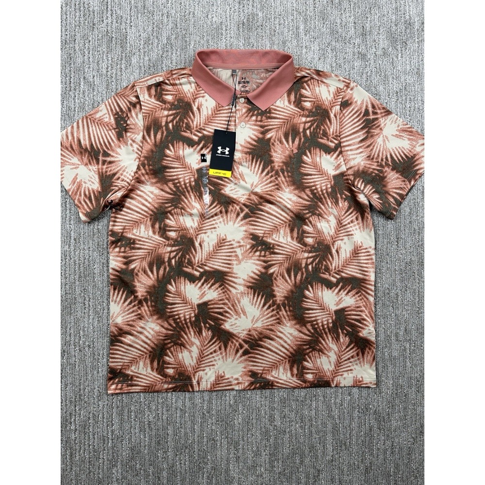 Under Armour Men's Polo UA Matchplay Printed Floral Palm Peach White NWT Golf